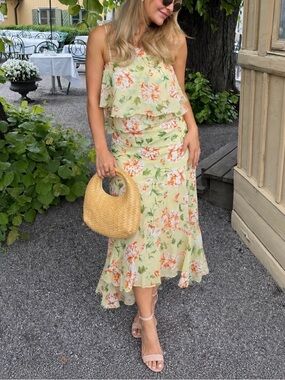 Top and Skirt Yellow Floral Ruffle Midi Set